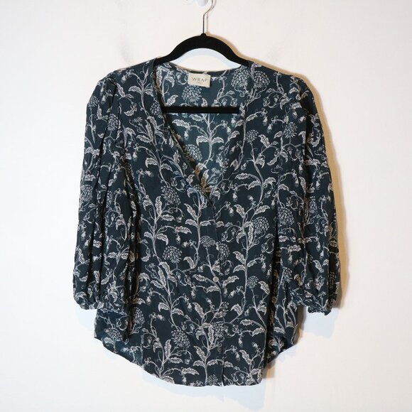 Wrap London 100% Silk Floral Button Front Blouse Womens 10 Blue Boho Peasant - Picture 1 of 7